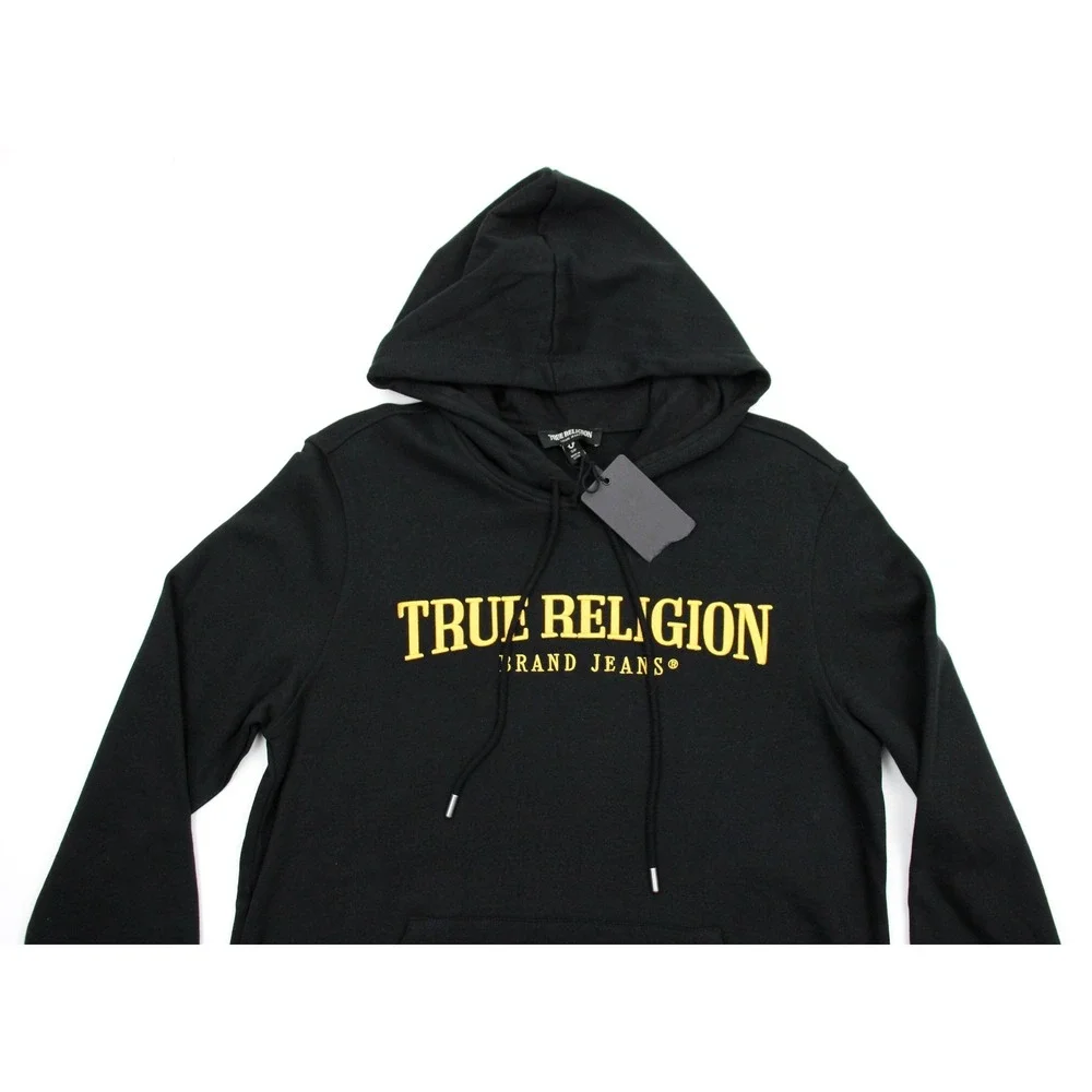 True Religion Hoodie Mens Small Black Arch Logo Pullover Fleece Sweatshirt New